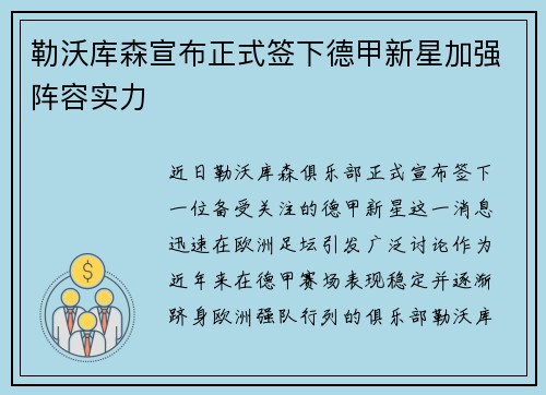 勒沃库森宣布正式签下德甲新星加强阵容实力 勒沃库森宣布正式签下德甲新星加强阵容实力